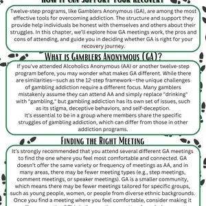 May include: Green and white text on a white background explains the benefits of attending Gamblers Anonymous (GA) meetings. The text includes the title "Understanding Gamblers Anonymous (GA) & How It Can Support Your Recovery" and the subheadings "What Is Gamblers Anonymous (GA)?" and "Finding The Right Meeting."