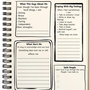 May include: A spiral-bound journal with the title "Understanding My Feelings & My Story." The pages contain prompts for self-reflection, including sections on strengths, coping mechanisms, and safe people. The phrase "I deserve good things" is written at the bottom.