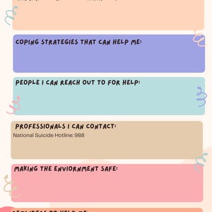 May include: A safety plan template with sections for warning signs, coping strategies, people to reach out to, professionals to contact, making the environment safe, and reminders to help. The template is decorated with colorful doodles.