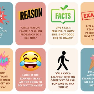 May include: Eight colorful cards with different strategies for saying no. Each card has a title, a description, and an example. The titles are: No!, Reason, Facts, Example, Hahaha, Laugh it Off, Walk Away, and Suggest an Alternative.