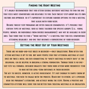 K&ouml;nnte beinhalten: Ein illustrierter Leitfaden in Rosa und Wei&szlig; mit dem Text "Finding the Right Meeting" und "Getting the Most Out of Your Meetings". Der Text erkl&auml;rt, wie wichtig es ist, regelm&auml;&szlig;ig an Meetings teilzunehmen und sich aktiv in den Prozess einzubringen, um ein Meeting zu finden, das zu Ihren Bed&uuml;rfnissen passt.