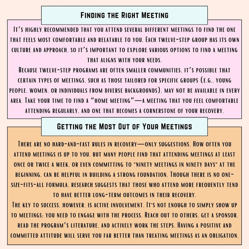 K&ouml;nnte beinhalten: Ein illustrierter Leitfaden in Rosa und Wei&szlig; mit dem Text "Finding the Right Meeting" und "Getting the Most Out of Your Meetings". Der Text erkl&auml;rt, wie wichtig es ist, regelm&auml;&szlig;ig an Meetings teilzunehmen und sich aktiv in den Prozess einzubringen, um ein Meeting zu finden, das zu Ihren Bed&uuml;rfnissen passt.