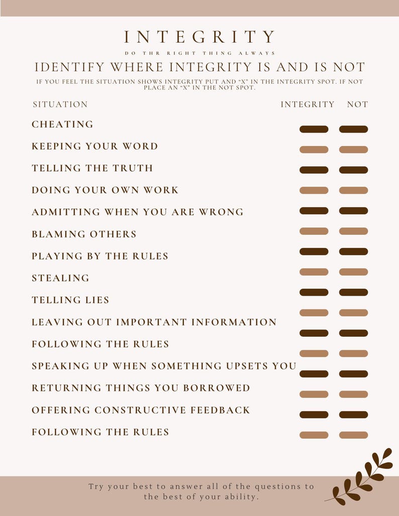 Integrity Worksheet - Etsy