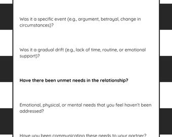 Può includere: Foglio di lavoro bianco e nero con il testo "Rebuilding Connection with Your Partner" e una serie di domande sulla riflessione sulla causa di una disconnessione in una relazione.