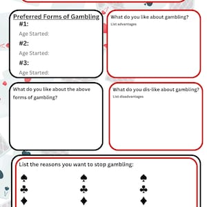 Puede incluir: Una hoja de trabajo imprimible con un tema de cartas rojas y negras para ayudar a las personas a comprender sus patrones de juego. La hoja de trabajo hace preguntas sobre las formas de juego preferidas, lo que a las personas les gusta y no les gusta del juego, y las razones por las que quieren dejar de jugar.
