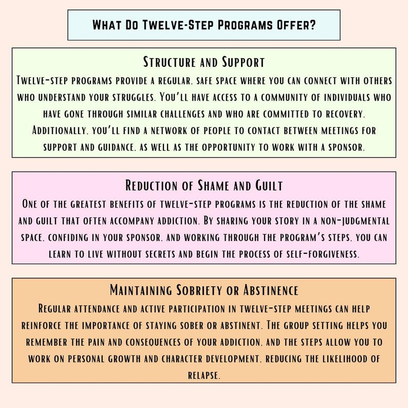 K&ouml;nnte beinhalten: Eine Grafik mit rosa und wei&szlig;em Hintergrund, die die Vorteile von Zw&ouml;lf-Schritte-Programmen beschreibt. Der Text lautet "Was bieten Zw&ouml;lf-Schritte-Programme?" und listet drei Vorteile auf: "Struktur und Unterst&uuml;tzung", "Reduzierung von Scham und Schuldgef&uuml;hlen" und "Aufrechterhaltung der Abstinenz oder der Abstinenz".