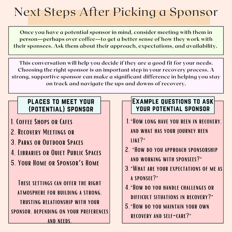 K&ouml;nnte beinhalten: Eine rosa und wei&szlig;e Grafik mit dem Text "Next Steps After Picking a Sponsor". Die Grafik bietet Tipps, wie man sich mit einem potenziellen Sponsor trifft und welche Fragen man ihm stellen kann. Die Grafik enth&auml;lt eine Liste von Orten, an denen man sich mit einem potenziellen Sponsor treffen kann, wie z. B. Caf&eacute;s, Parks und Bibliotheken. Die Grafik enth&auml;lt auch eine Liste von Fragen, die man einem potenziellen Sponsor stellen kann, wie z. B. "Wie lange sind Sie schon in Genesung?" und "Wie gehen Sie an das Sponsoring heran?"
