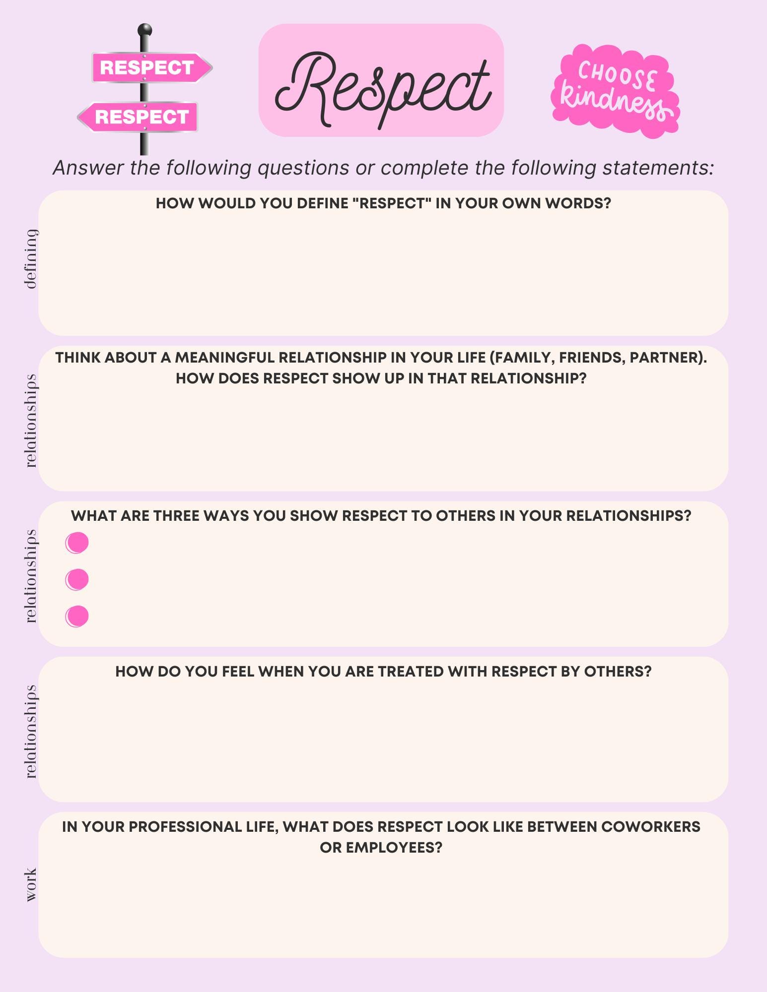Respect Worksheet - Etsy