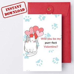 Cute cat valentines day card, Printable valentines day card for girlfriend, boyfriend, him, her, wife, husband, cat card, digital download