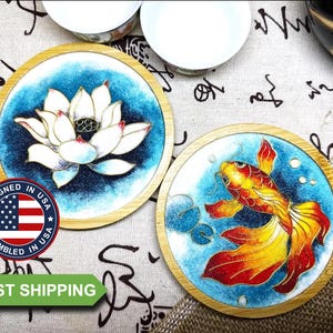 Cloisonné DIY Craft Gift Kit - Bamboo Coasters - Lotus and Goldfish