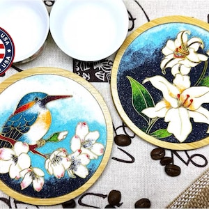 Cloisonné DIY Craft Gift Kit - Bamboo Coasters - Bird and Lily Flowers