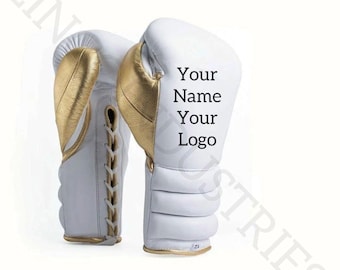 Custom White And Gold Lace Up Boxing Gloves, Get your name or logo on the boxing gloves,Personalized Training Gear For Fighters.
