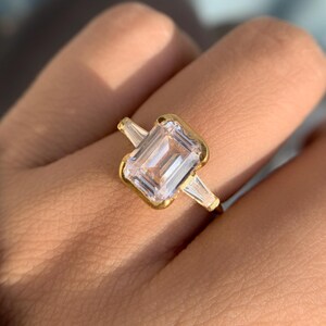 2.0ct Rectangle Side Stone Ring | Genuine Emerald Cut Engagement Ring | Solitaire Minimalist Bezel Set Side stone engagement Ring yellow