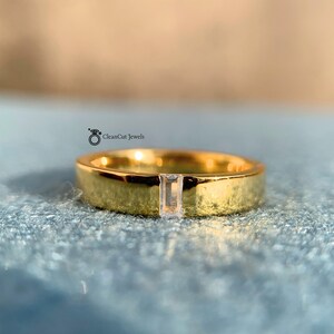 Mens Wedding Band Baguette Cut | 5mm Baguette Diamond Solid Gold Ring | Mens Hammered Stacking Matching Band | Retro Vintage Ring Gift