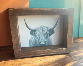 Mini houten bord Schotse Hooglanders | hooglandkoe | decor boerderijthema | koe decor