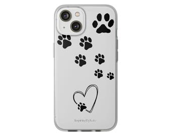 May include: A clear phone case with a black paw print design and a heart with a paw print inside. The text "Inspired by Kate" is at the bottom of the case.
