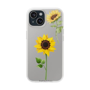 May include: A clear phone case with a gray background and two yellow sunflowers. The sunflowers have green stems and leaves. The text "Inspiring By Katie" is printed on the bottom of the case.