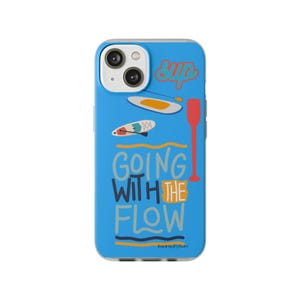 May include: A blue phone case with a white border and a colorful design. The design features a paddle, a surfboard, and the text "Going with the flow".