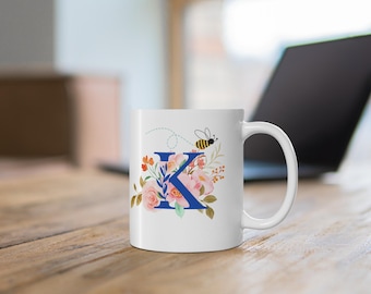 Mugg med bokstaven K, keramiska kaffekoppar, 283 ml, 454 ml - Personligt monogram, temuggar med initialer, present till kaffeälskare,