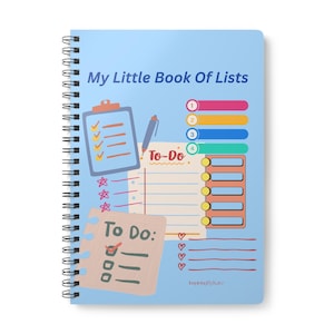 May include: A blue spiral bound notebook with the title "My Little Book Of Lists". The cover features illustrations of checklists, to-do lists, and numbered lists.