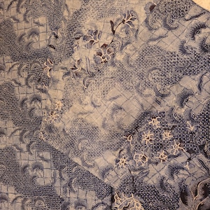 May include: Close-up of a blue and white patterned fabric with floral and geometric designs. The fabric has a batik-style appearance, with intricate details and a textured surface. The color palette is primarily shades of blue and white.
