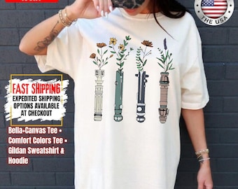 Floral Lightsaber Star Wars Shirt, Disney Tee, Flowers Lightsaber Comfort Colors and Bella+Canvas Shirts, Gildan Sweatshirt and Hoodie