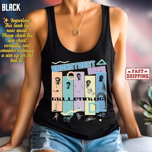 May include: Black tank top featuring a colorful graphic of the Backstreet Boys' Millennium album cover. The design includes images of the band members and the word "Millennium". The text "Backstreet Boys" is also visible.