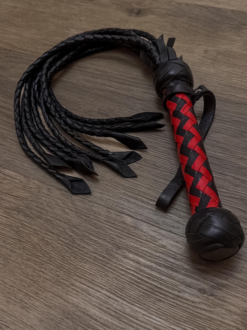 Leather BDSM Flogger With Long Tails Heavy Fetish Spanking Whip With Wooden Handle image 15