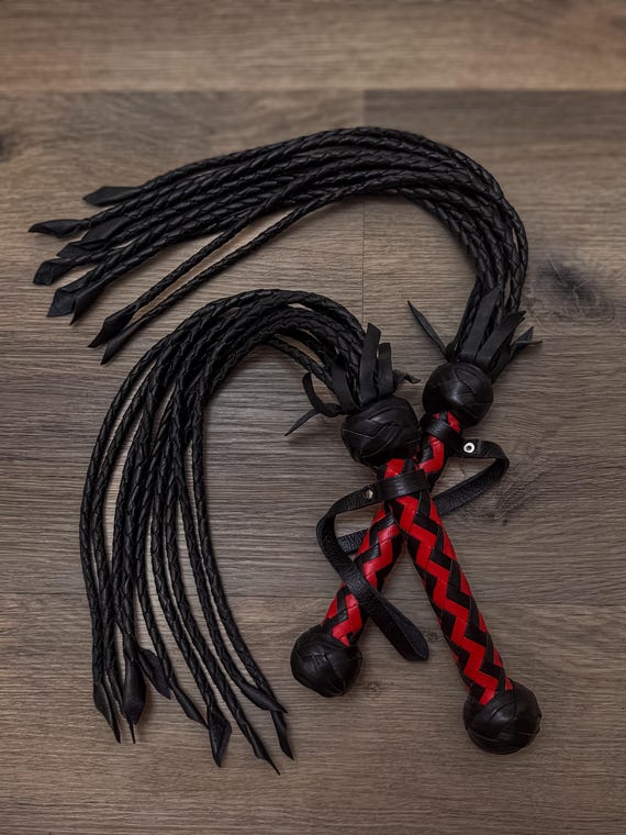 Handmade Leather Whip With Cat O' Nine Tails Spanking Flogger with Braided Handle