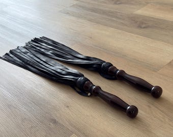 Heavy Leather Flogger with Wooden Grip  Black BDSM Spanking Whip