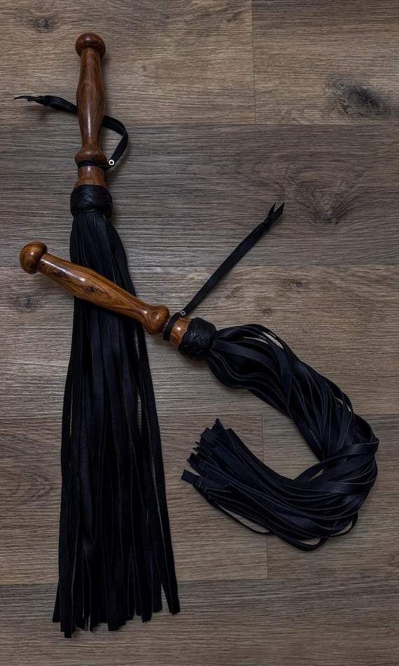 Leather BDSM Flogger With Long Tails Heavy Fetish Spanking Whip With Wooden Handle