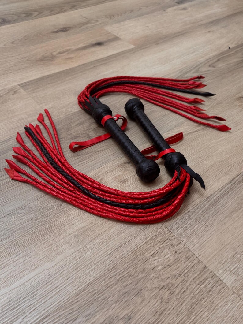 Leather BDSM Flogger With Long Tails Heavy Fetish Spanking Whip With Wooden Handle image 18
