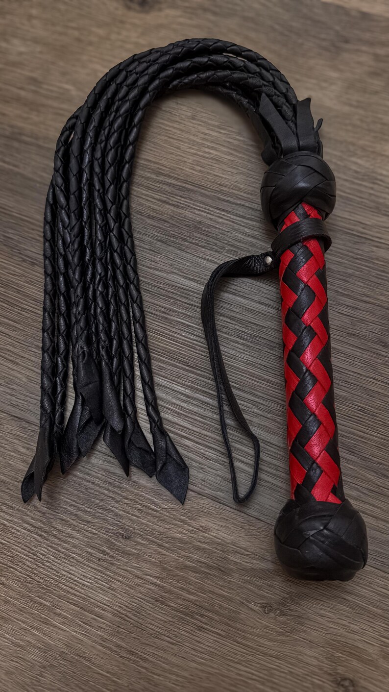 Leather BDSM Flogger With Long Tails Heavy Fetish Spanking Whip With Wooden Handle image 17