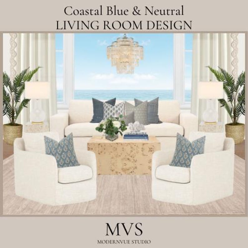 Coastal Blue and Neutral Living Room Design Mood Board Contemporary