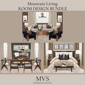 Conjunto de tableros de ideas para el diseño de salas de estar con temática de montaña, sala de estar, comedor y dormitorio, conjunto de decoración interior neutra con enlaces de compras
