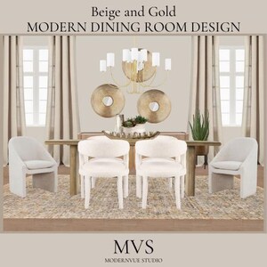 Tablero de ideas de diseño de comedor moderno en beige y dorado, elegante espacio de comedor neutro, plan de decoración de interiores digital con enlaces de compras
