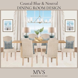 Tablero de ideas para el diseño de comedor en tonos neutros y azules de la costa Plan de decoración digital de interiores contemporáneos con enlaces de compras