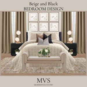 Tablero de ideas para el diseño de un dormitorio en beige y negro, plan de decoración digital de habitaciones de estilo interior contemporáneo neutro con enlaces de compras