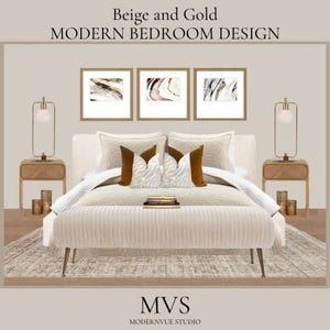 Tablero de ideas para un dormitorio moderno en tonos beige y dorado, decoración elegante para un dormitorio neutro, diseño de interiores digital con enlaces de compras