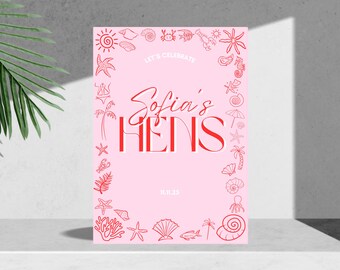 Puede incluir: Invitación rosa con borde rojo con temática de playa con conchas, estrellas de mar y un cangrejo. El texto dice "Let's Celebrate Sofia's Hens 13.10.25".