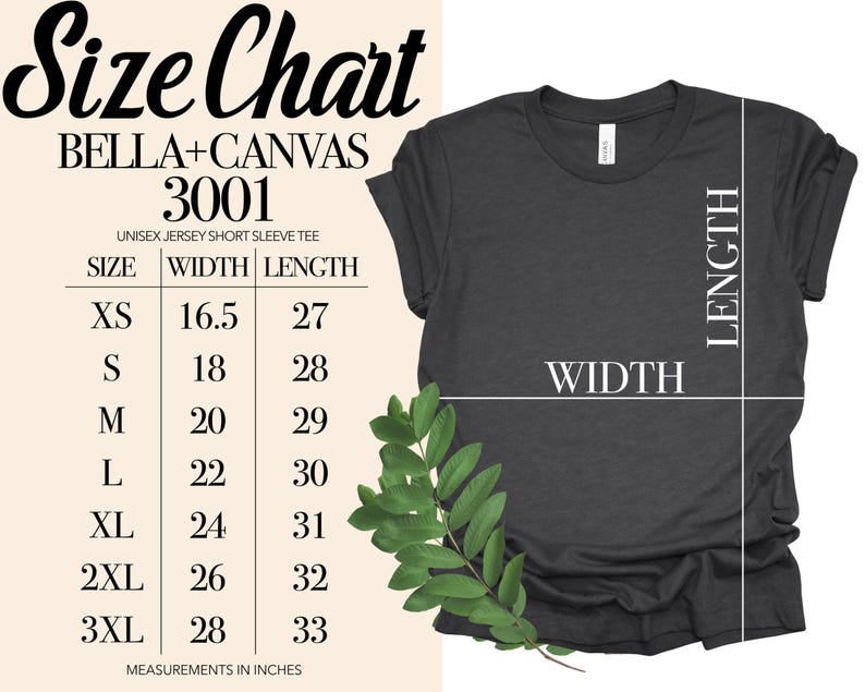 May include: A dark gray unisex short sleeve tee shirt with a size chart. The chart lists sizes XS to 3XL, with width and length measurements in inches. The shirt is labeled as Bella+Canvas 3001.