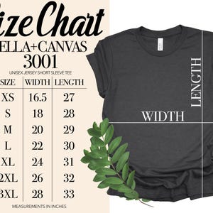 May include: A size chart for a Bella+Canvas 3001 unisex jersey short sleeve tee. The chart shows measurements in inches for sizes XS to 3XL. The shirt is dark gray, with width and length measurements indicated. A sprig of green leaves is in the lower right corner.
