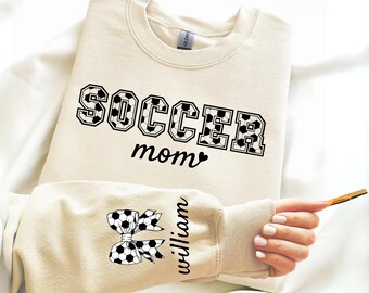 Personalize Soccer Mom Kids Name On Sleeve Sweatshirt, Mom Soccer Sweater, Soccer Mama Shirt, Gift for Soccer Mom, Fall Soccer Season Shirt