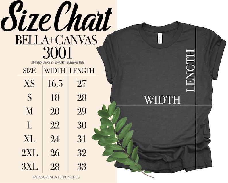 K&ouml;nnte beinhalten: Ein dunkelgraues Unisex-T-Shirt mit kurzen &Auml;rmeln und einer Gr&ouml;&szlig;entabelle. Die Tabelle listet die Gr&ouml;&szlig;en XS bis 3XL mit Breiten- und L&auml;ngenma&szlig;en in Zoll auf. Das Shirt ist mit Bella+Canvas 3001 gekennzeichnet.