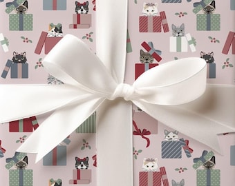 cats in boxes wrapping paper sheets, kitty presents holiday gift wrap, premium Christmas gift wrap sheets, cat lover wrapping paper
