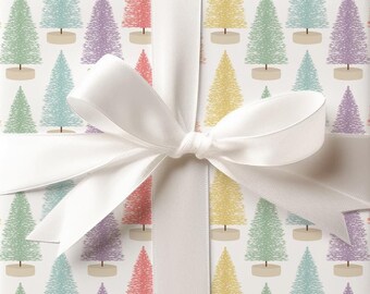 rainbow bottle brush tree wrapping paper sheets, retro holiday gift wrap, premium gift wrap sheets, rainbow christmas wrapping paper