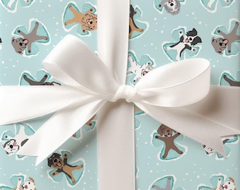 dog snow angel wrapping paper sheets, silly dog holiday gift wrap, premium Christmas gift wrap sheets, wrapping paper for children