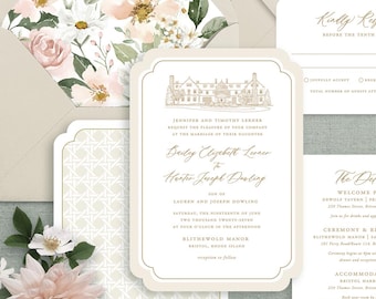 neutral die cut wedding invitation with venue sketch, classic wedding invitation suite for neutral or pale pink wedding