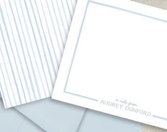 Blue and white stripe personalized stationery set, preppy thank you notes, flat cards with envelopes