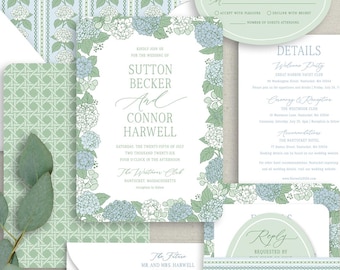 Blue Hydrangea Wedding Invitations: Preppy Blue and Green Floral Invitation Suite